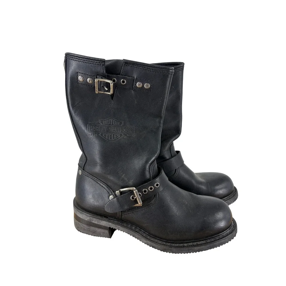 Harley-Davidson Black Leather Engineer Biker Boots Mid-Calf Buckle Straps